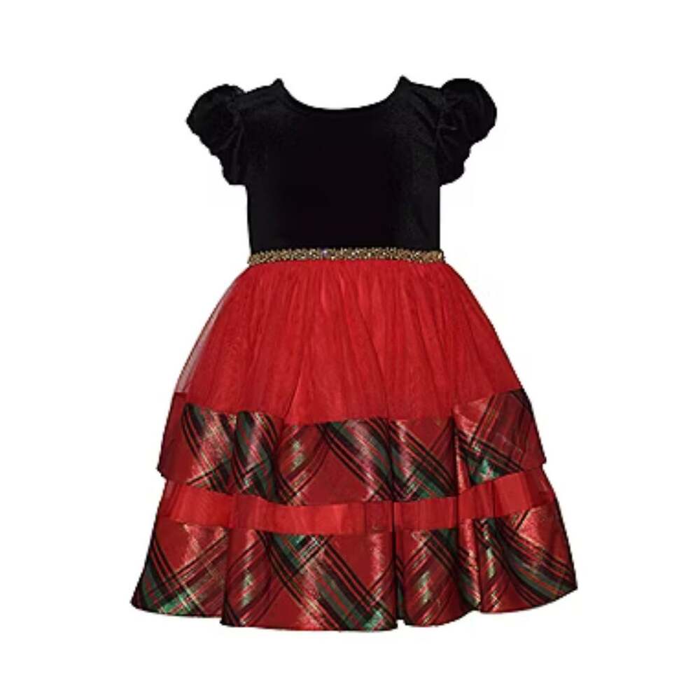 Bonnie Jean Red Velvet & Plaid Tiered Holiday Dress Girls New Christmas Size 6X